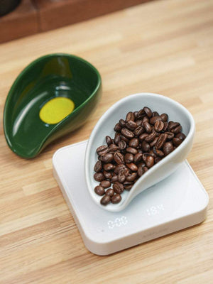 ceramic coffee bean dosing tray with ergonomic spout and weighing dish