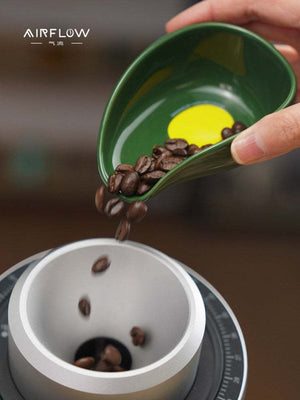 ceramic coffee bean dosing tray with ergonomic spout and weighing dish