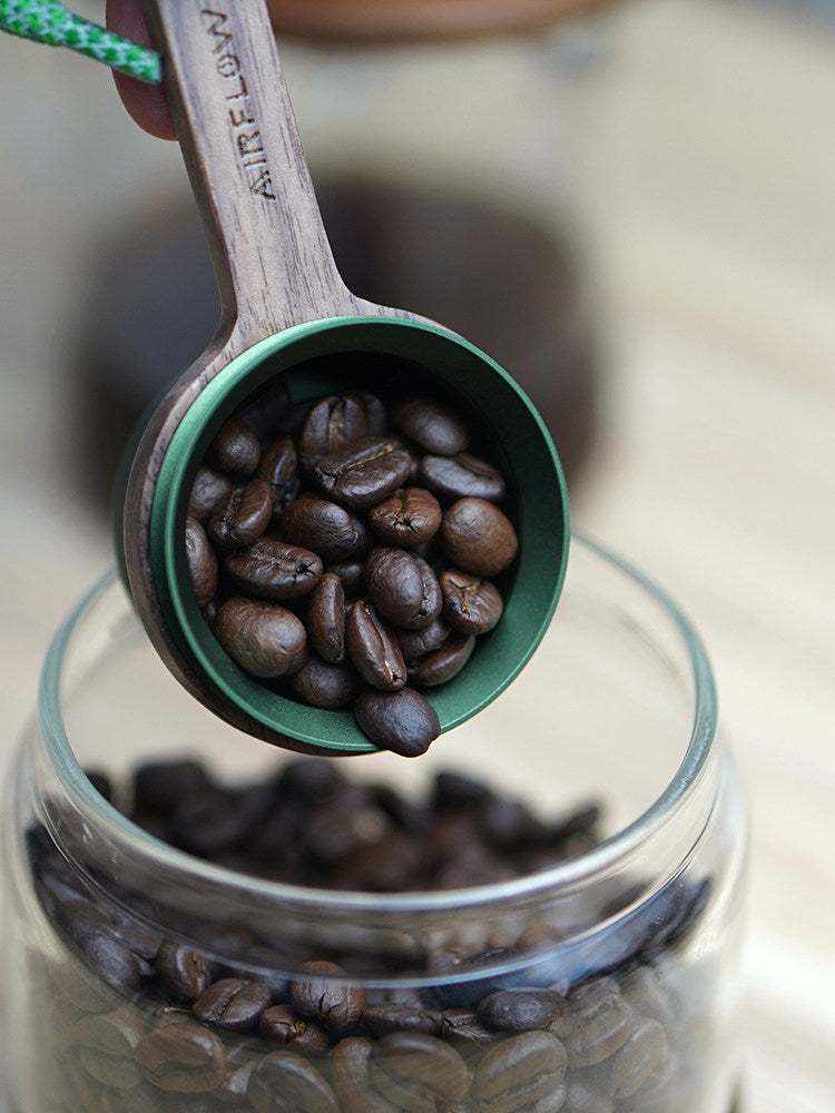 coffee bean scoop with walnut wooden handle and anodized aluminum cup