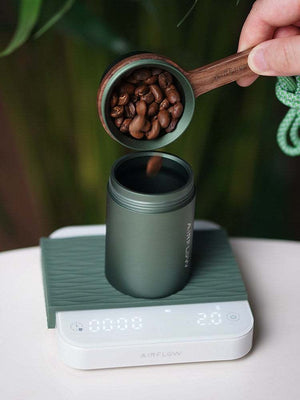 Coffee bean scoop with walnut wooden handle and aluminum cup