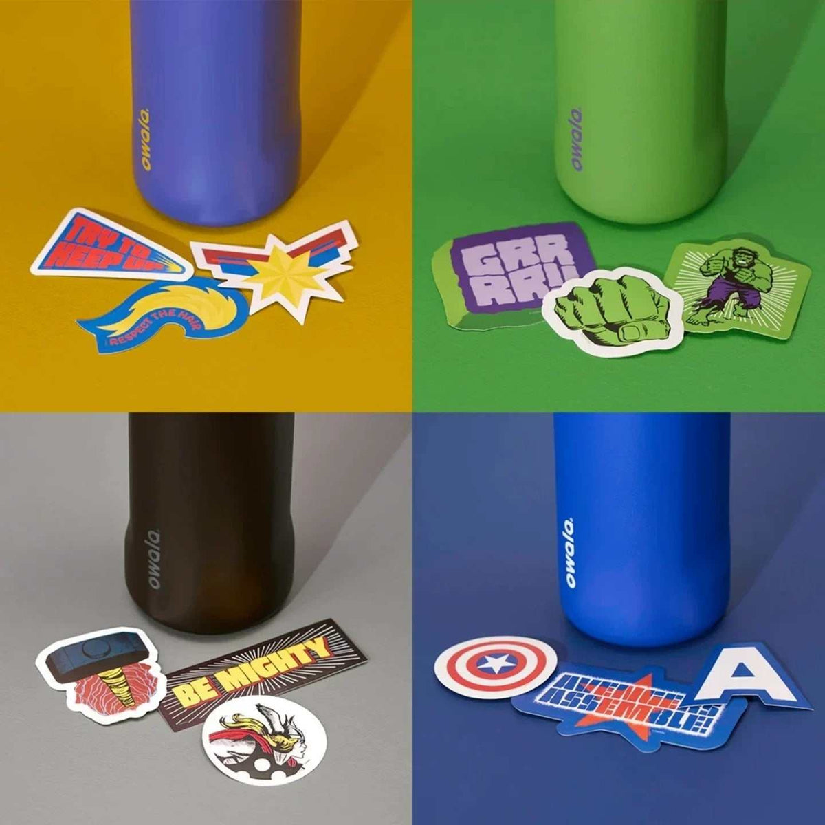 Owala 24oz FreeSip Water Bottle with Marvel Captain America design and stickers