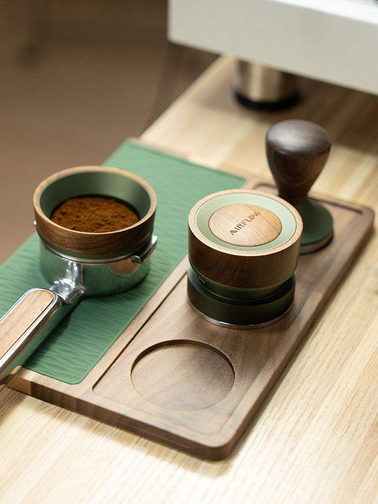 solid wood espresso tamping station with silicone mat and tool slots
