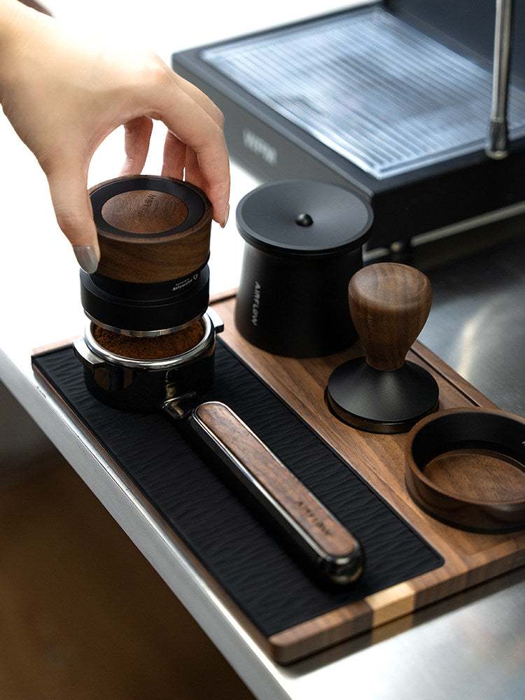 Solid wood espresso tamping station with silicone mat and tool slots