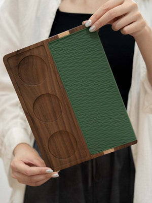 solid wood espresso tamping station with silicone mat and tool slots