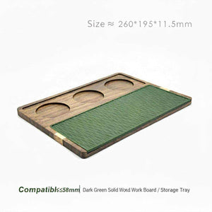 Solid wood espresso tamping station with silicone mat and tool slots