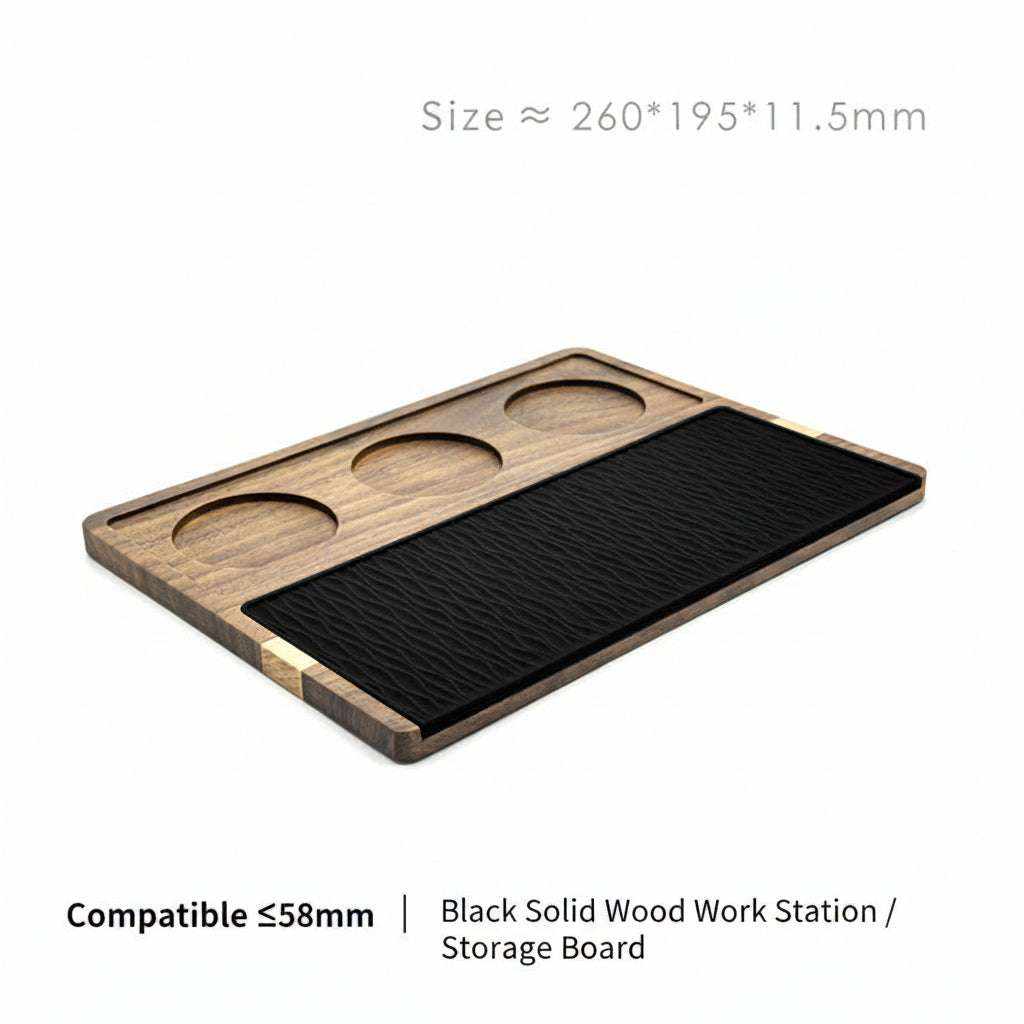 Solid wood espresso tamping station with silicone mat and tool slots