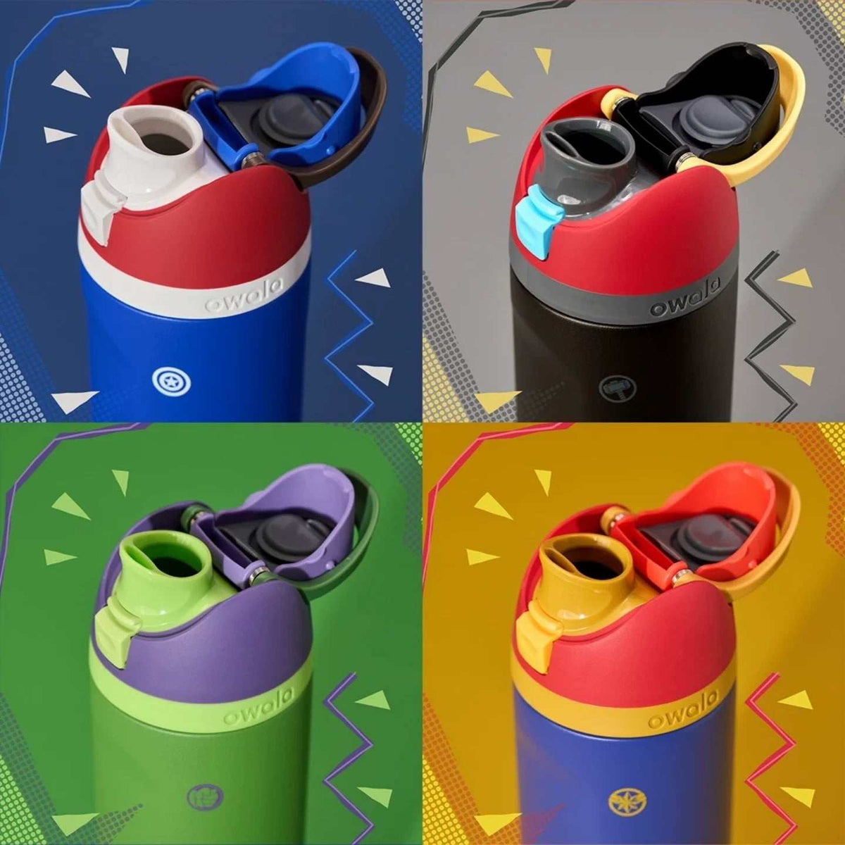 Owala 24oz FreeSip water bottle featuring Marvel superheroes Captain America and Iron Man designs