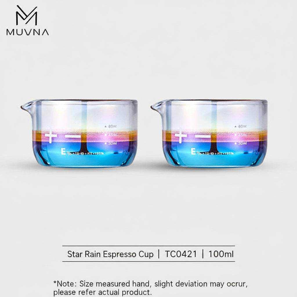 MUVNA glass espresso measuring cup with iridescent finish and spout