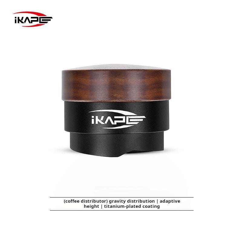 IKAPE professional espresso tamper and gravity distributor set with walnut handles and titanium-plated bases