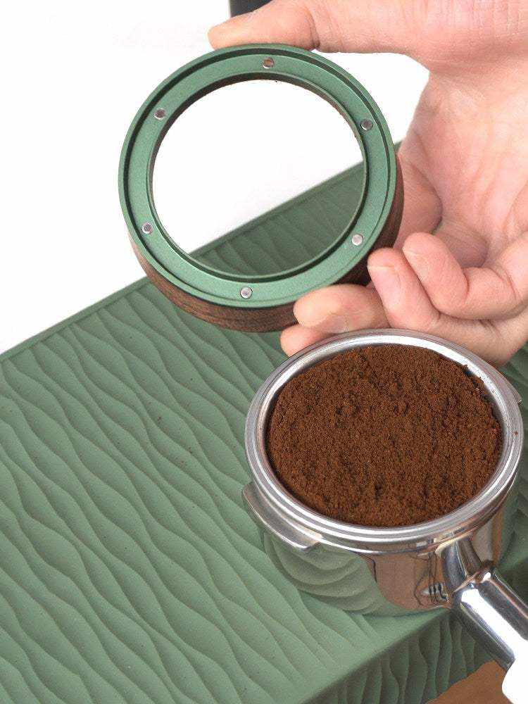 Magnetic espresso dosing funnel with walnut wood on portafilter