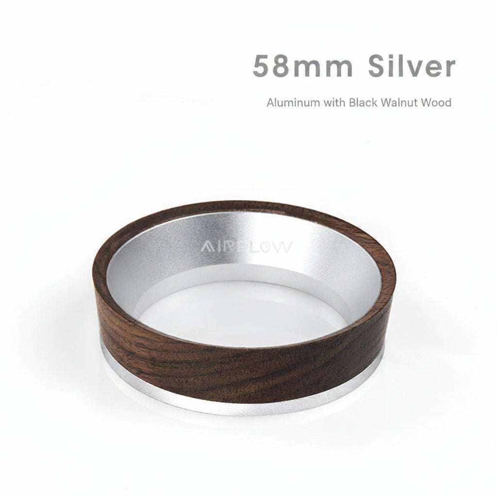 Magnetic espresso dosing funnel with walnut wood and aluminum accents