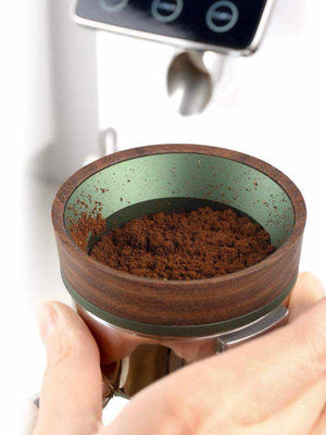 Magnetic espresso dosing funnel with walnut wood and aluminum alloy finish