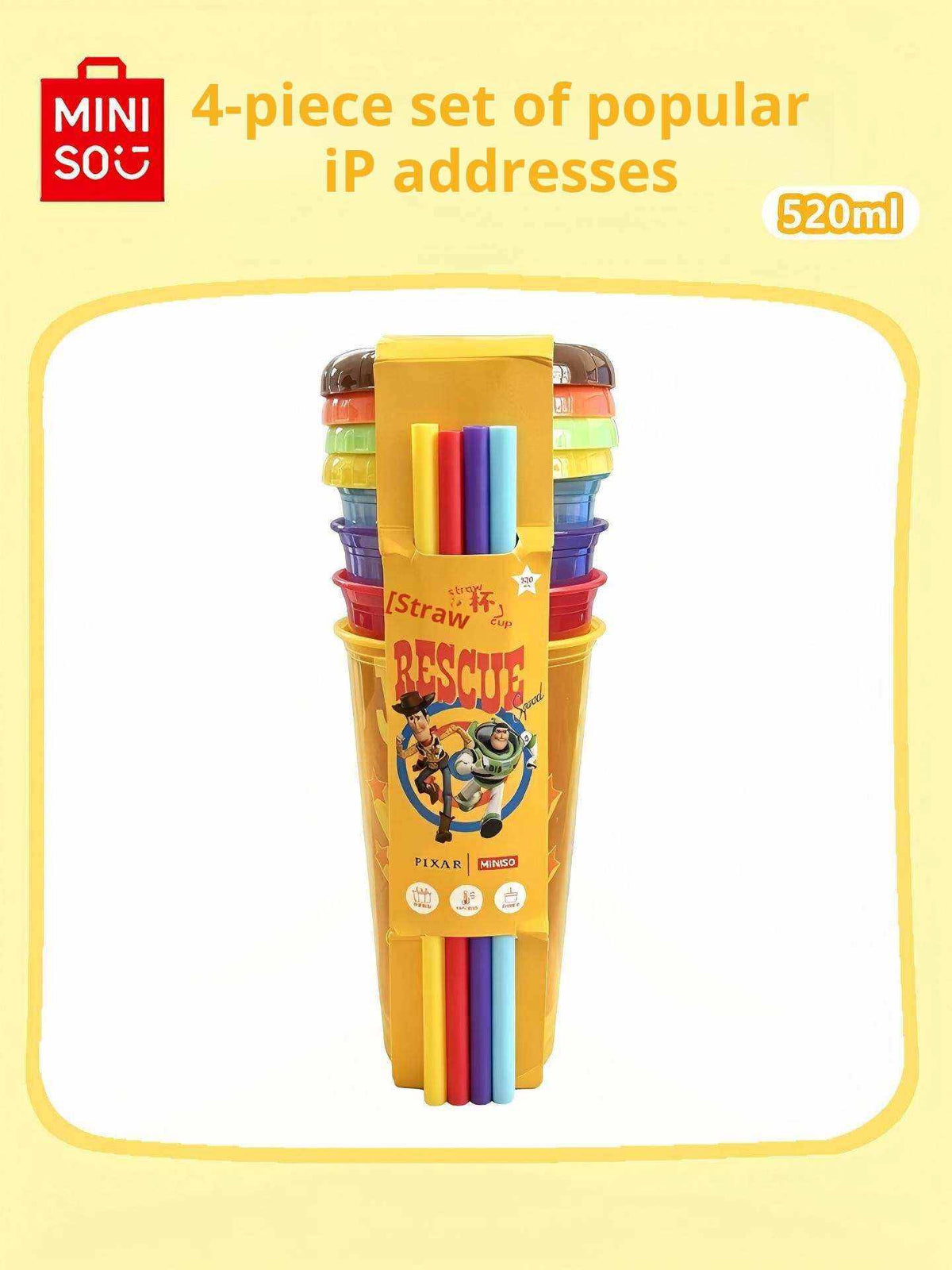 MINISO Disney Toy Story 4-piece plastic straw cup set with vibrant character prints