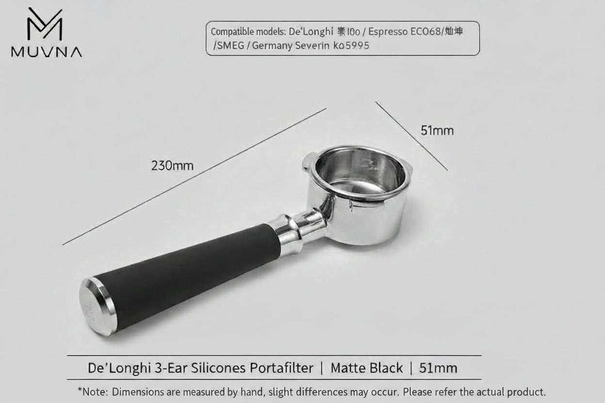 MUVNA bottomless espresso portafilter with silicone handle for precise coffee extraction