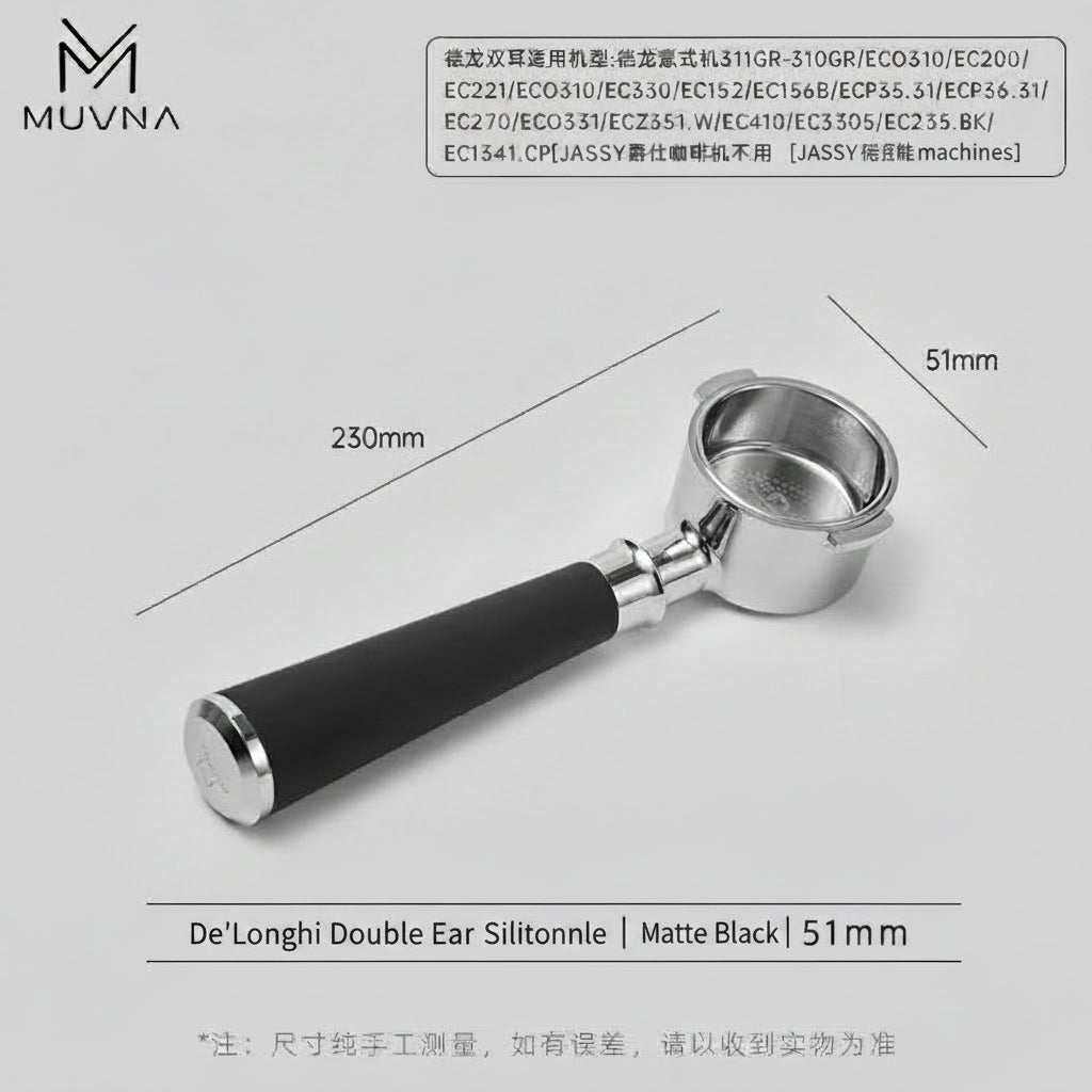 MUVNA bottomless espresso portafilter with silicone handle for precise extraction