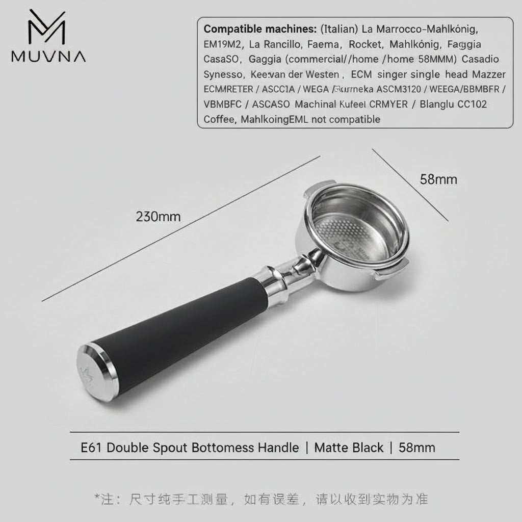 MUVNA bottomless espresso portafilter with silicone handle in matte black