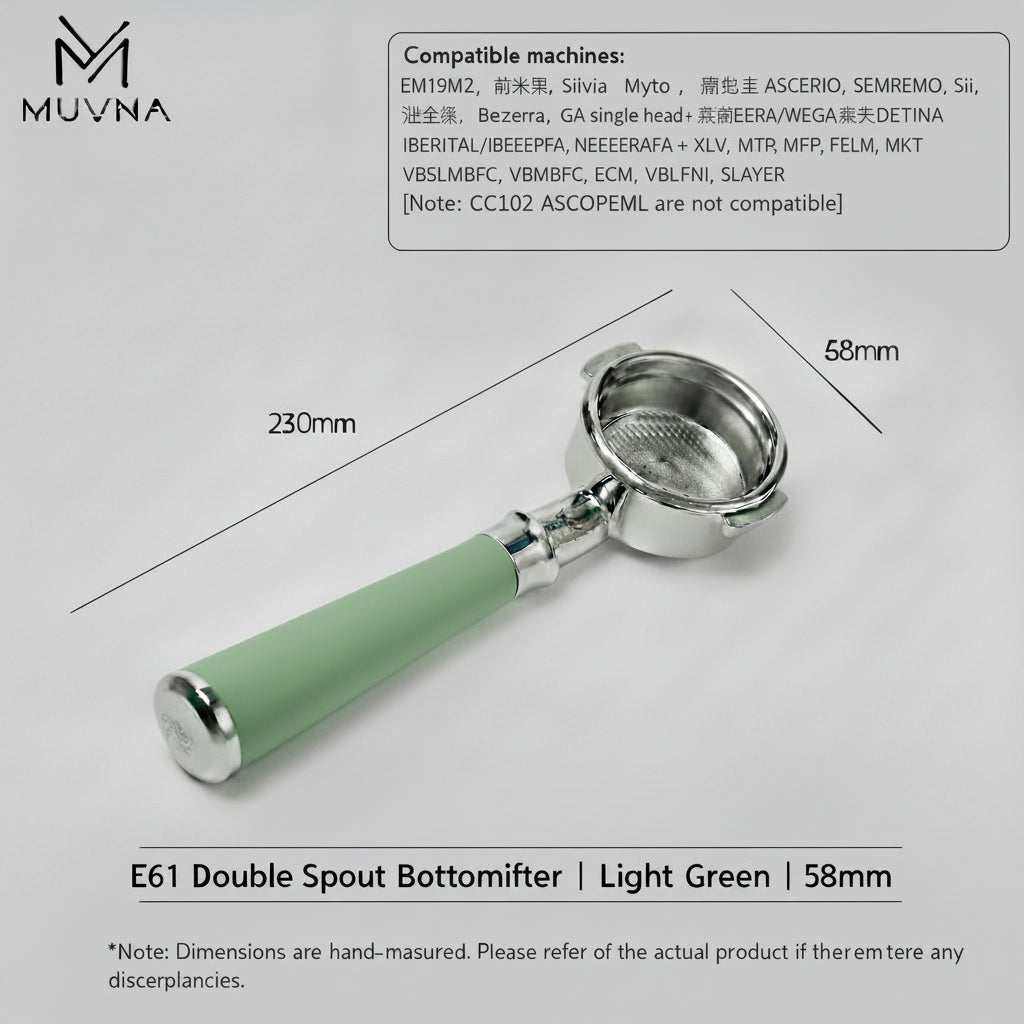 MUVNA bottomless espresso portafilter with silicone handle and stainless steel head