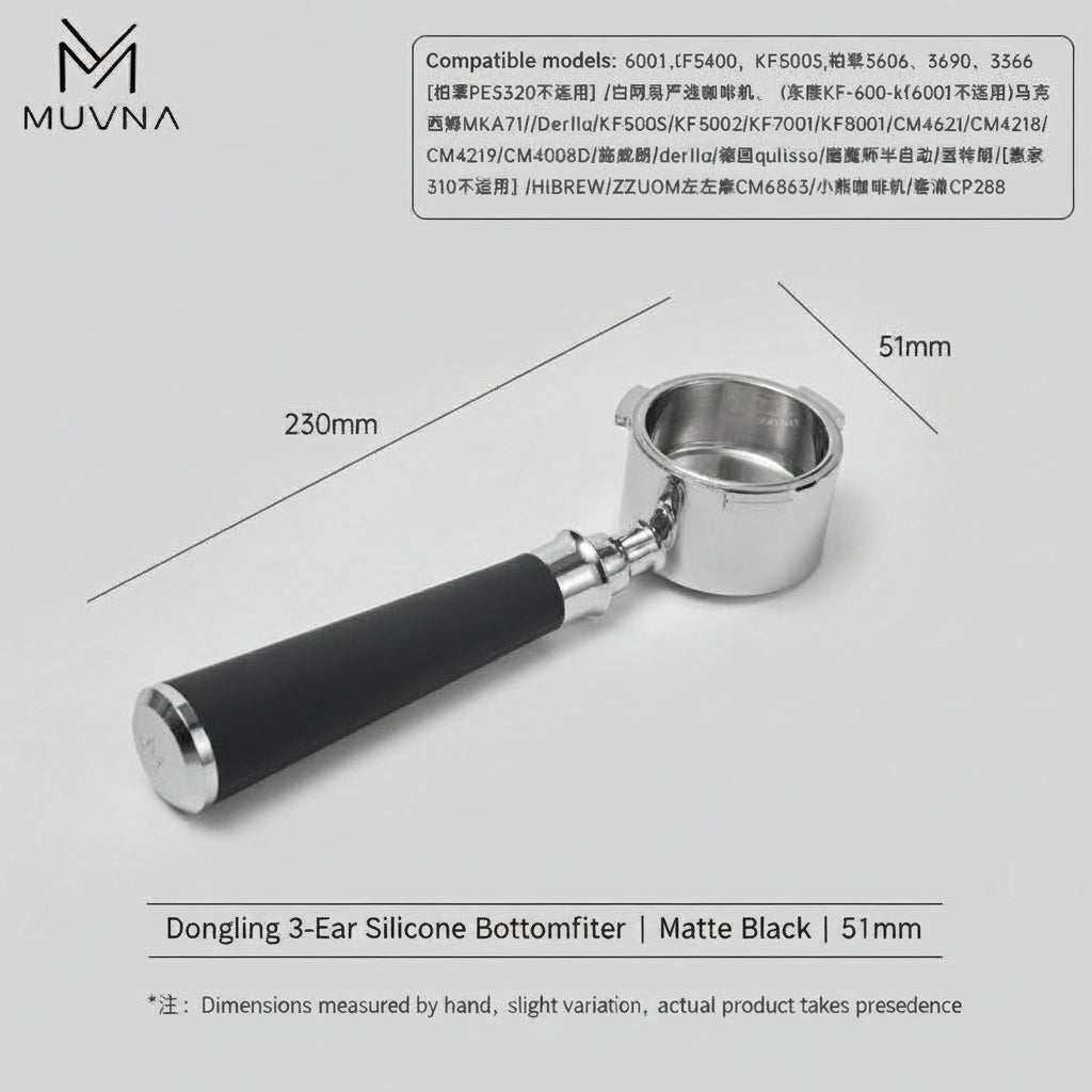 MUVNA bottomless espresso portafilter with silicone handle and stainless steel head