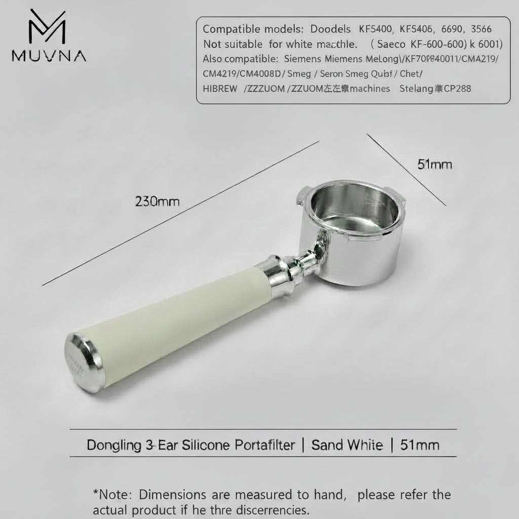 MUVNA bottomless espresso portafilter with silicone handle and stainless steel head