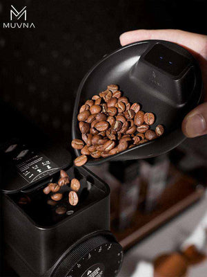 MUVNA digital coffee bean scale dosing tray with LED display and ergonomic spout