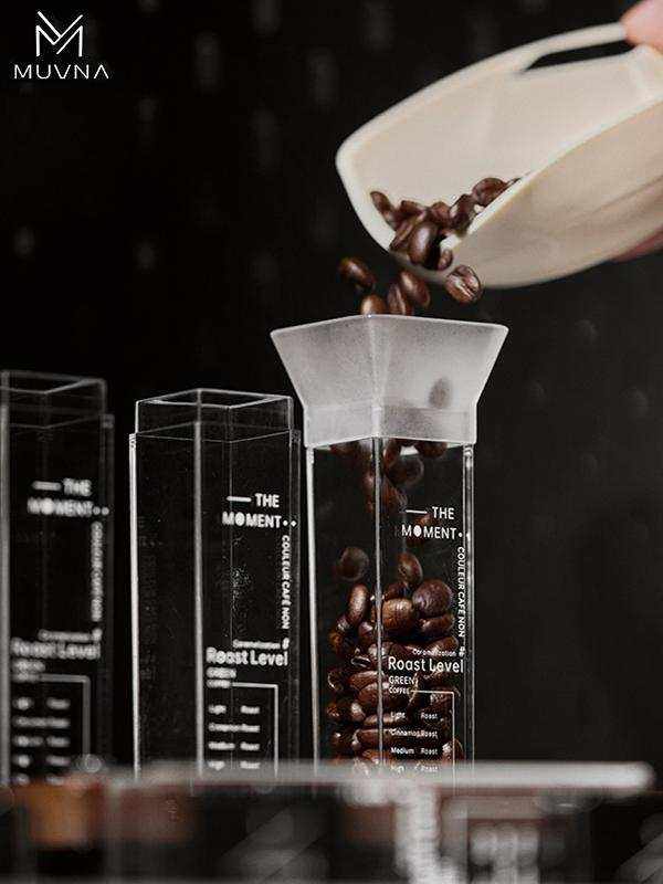 MUVNA digital coffee bean scale dosing tray in matte black with LED display