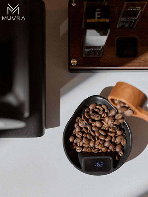 MUVNA digital coffee bean scale dosing tray with built-in display and pouring spout