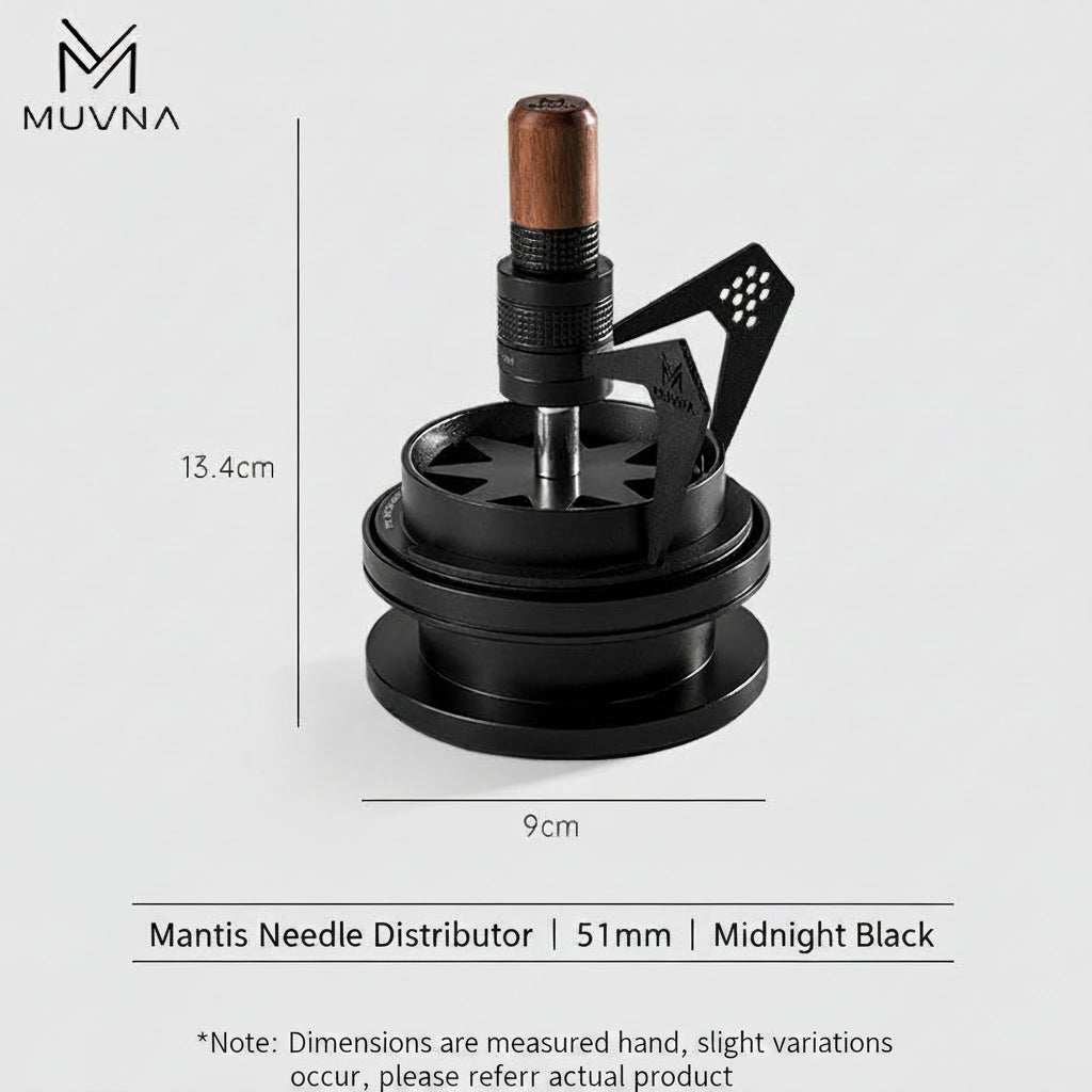 MUVNA espresso WDT needle coffee distributor tool with walnut handle and black aluminum body