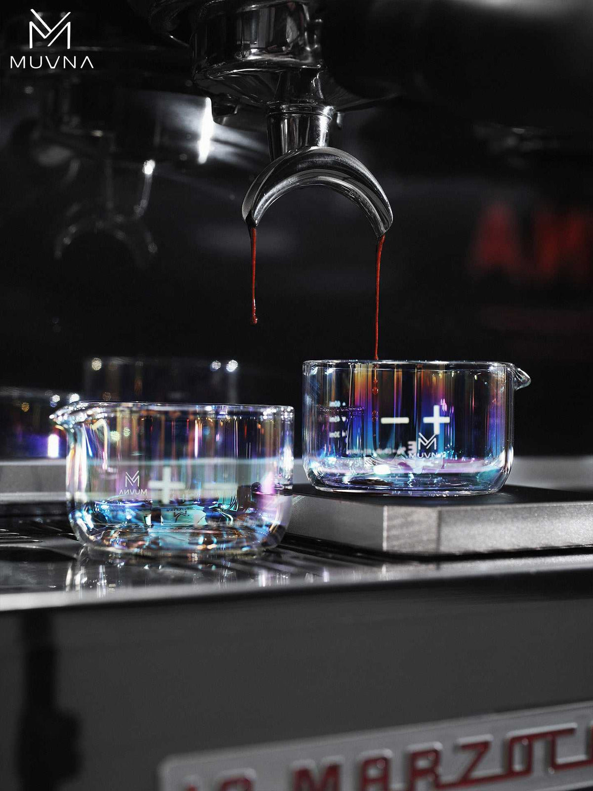 MUVNA glass espresso measuring cup with spout 100ml iridescent finish