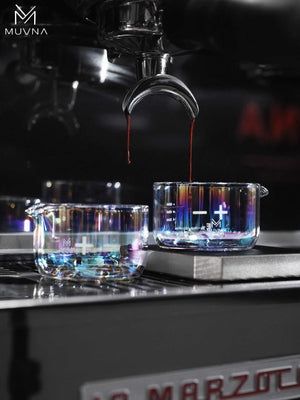 MUVNA glass espresso measuring cup with spout 100ml iridescent finish