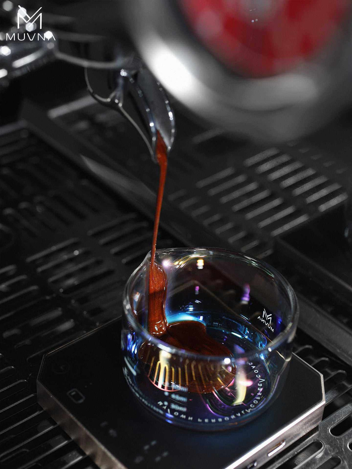 MUVNA glass espresso measuring cup with spout and iridescent finish