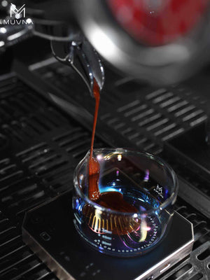 MUVNA glass espresso measuring cup with spout and iridescent finish