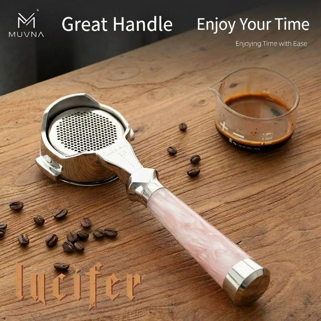 MUVNA Lucia premium espresso portafilter with misty pink resin handle