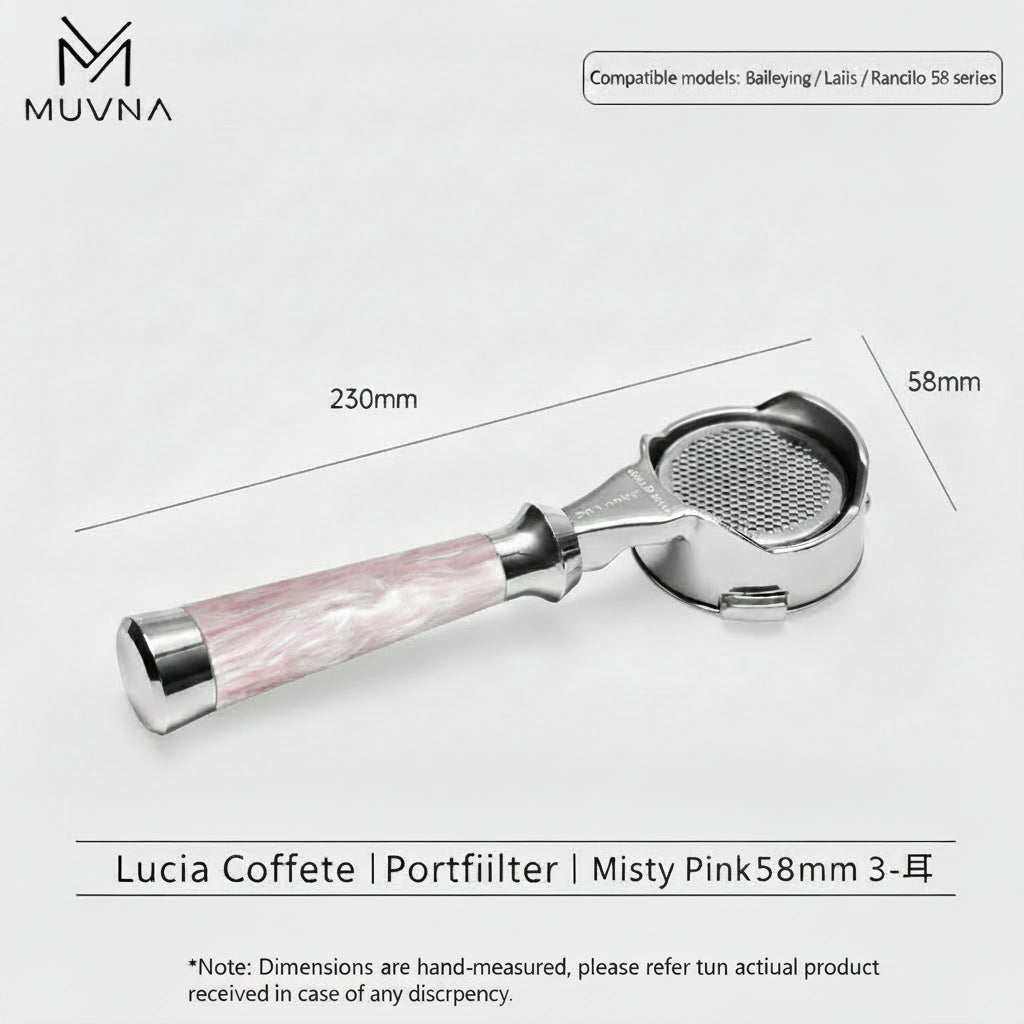 MUVNA Lucia premium espresso portafilter with misty pink resin handle