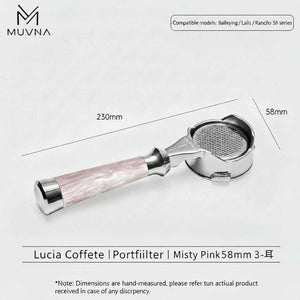 MUVNA Lucia premium espresso portafilter with misty pink resin handle