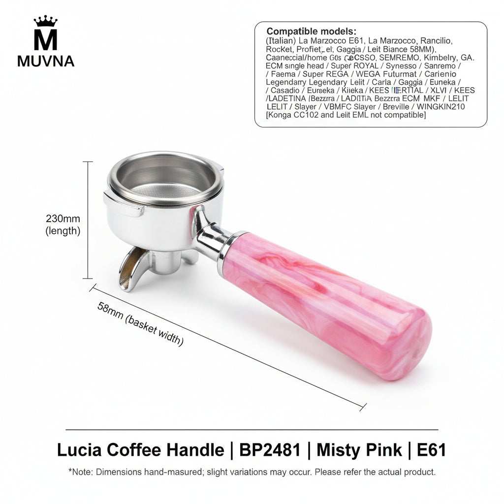 MUVNA Lucia premium espresso portafilter with misty pink handle