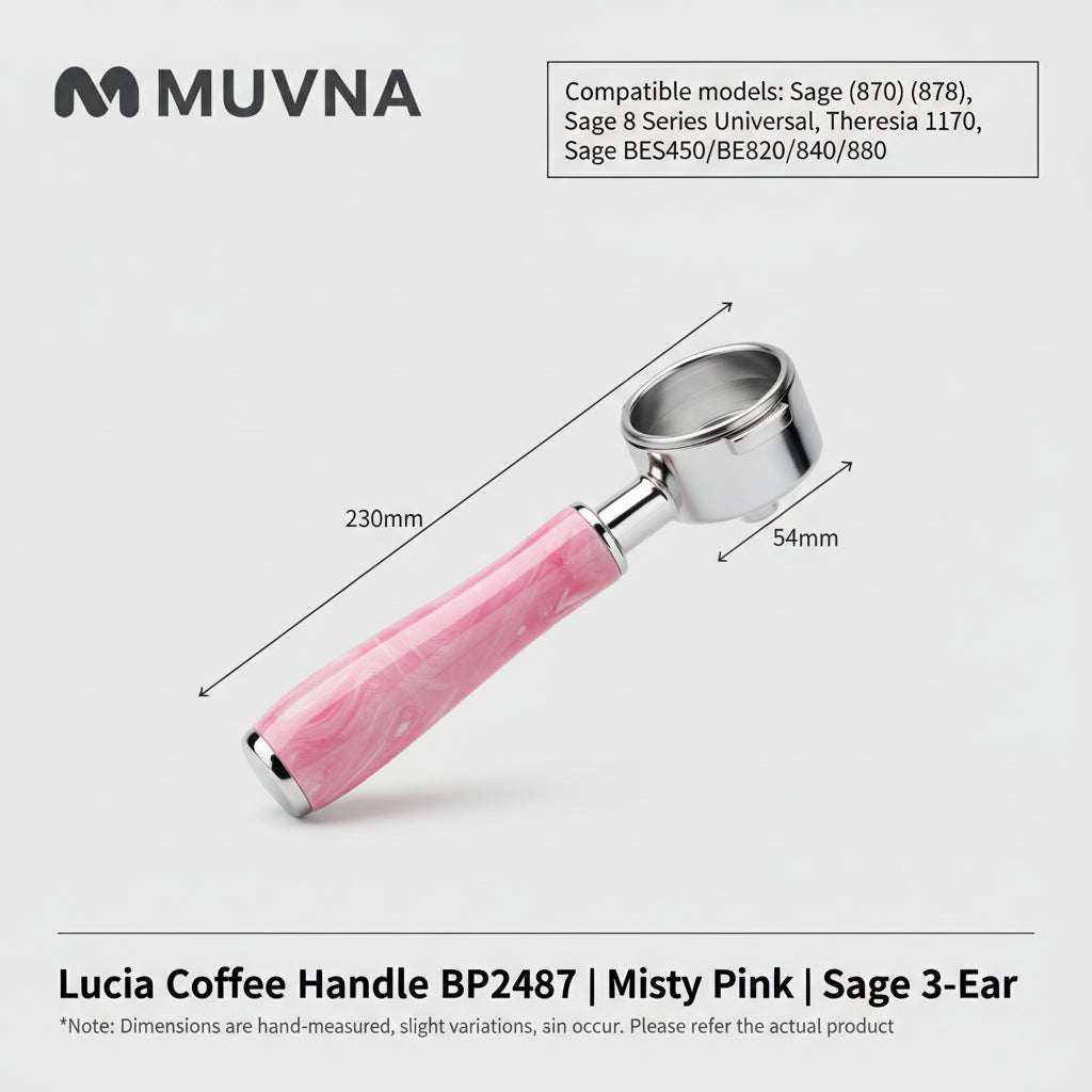 MUVNA Lucia premium espresso portafilter with misty pink handle