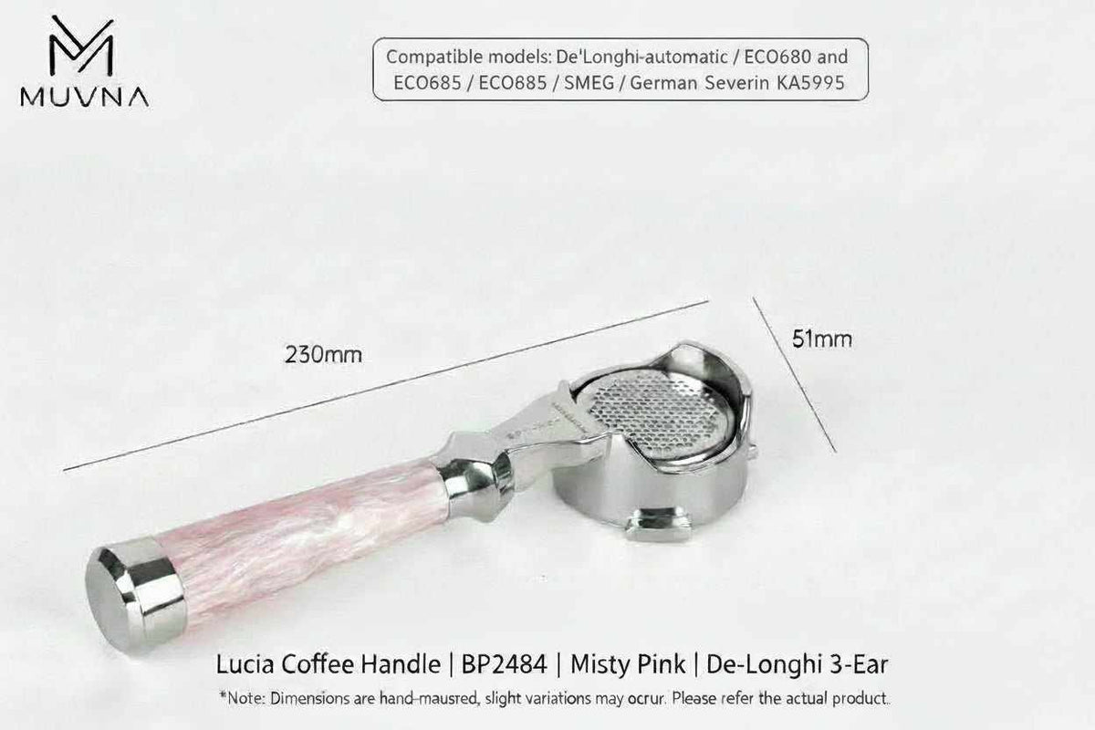 MUVNA Lucia premium espresso portafilter with misty pink handle
