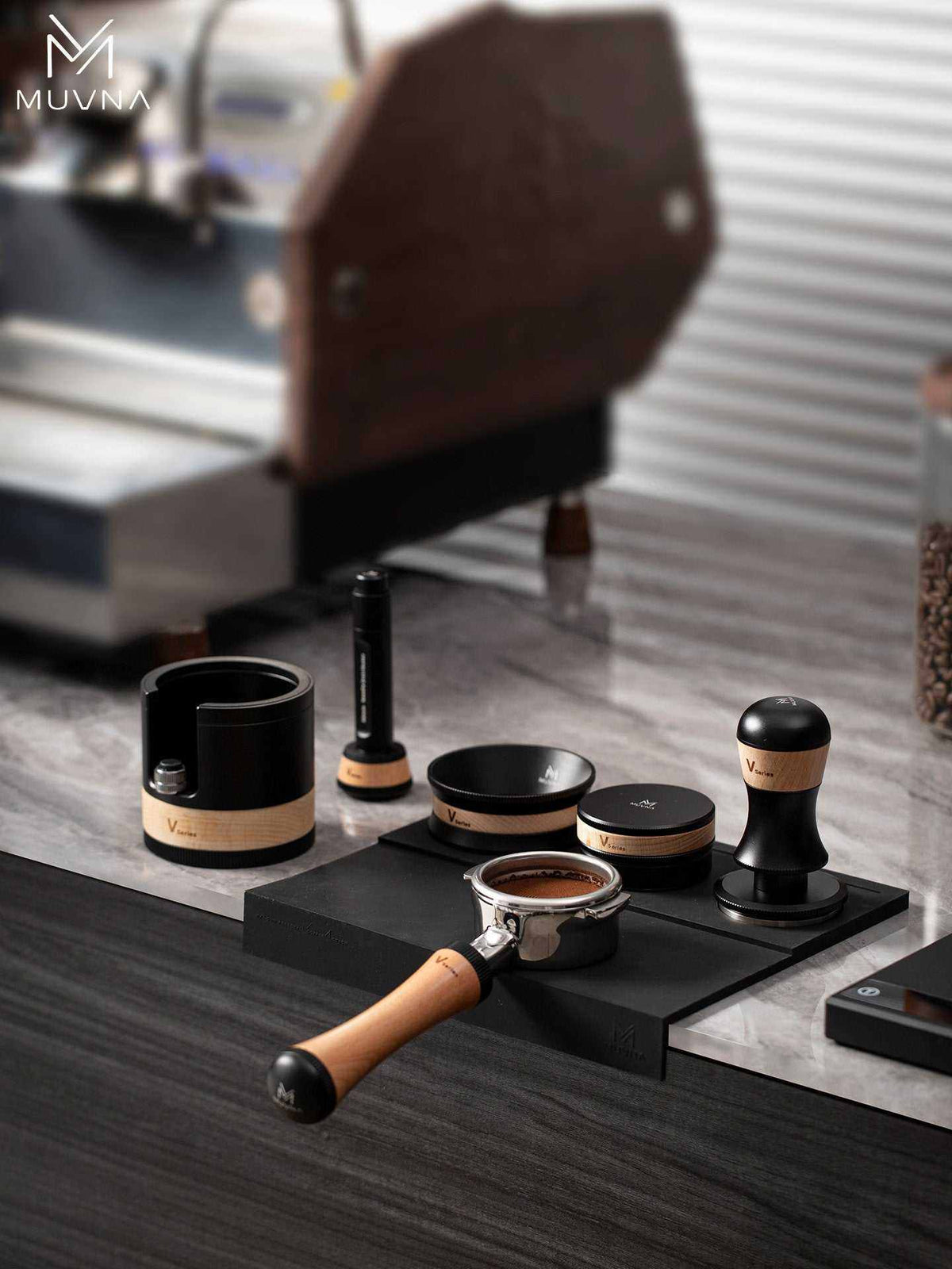 MUVNA V Series 58mm espresso tools set in black, main product photo