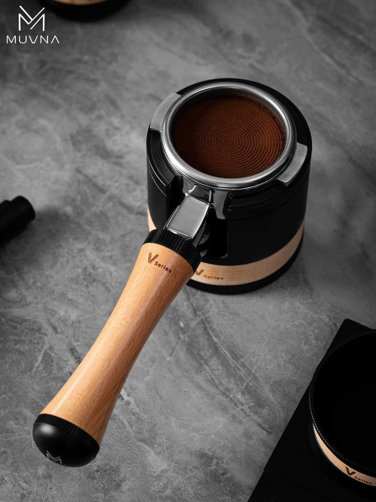 MUVNA V Series 58mm espresso tamper and leveler set, product photo