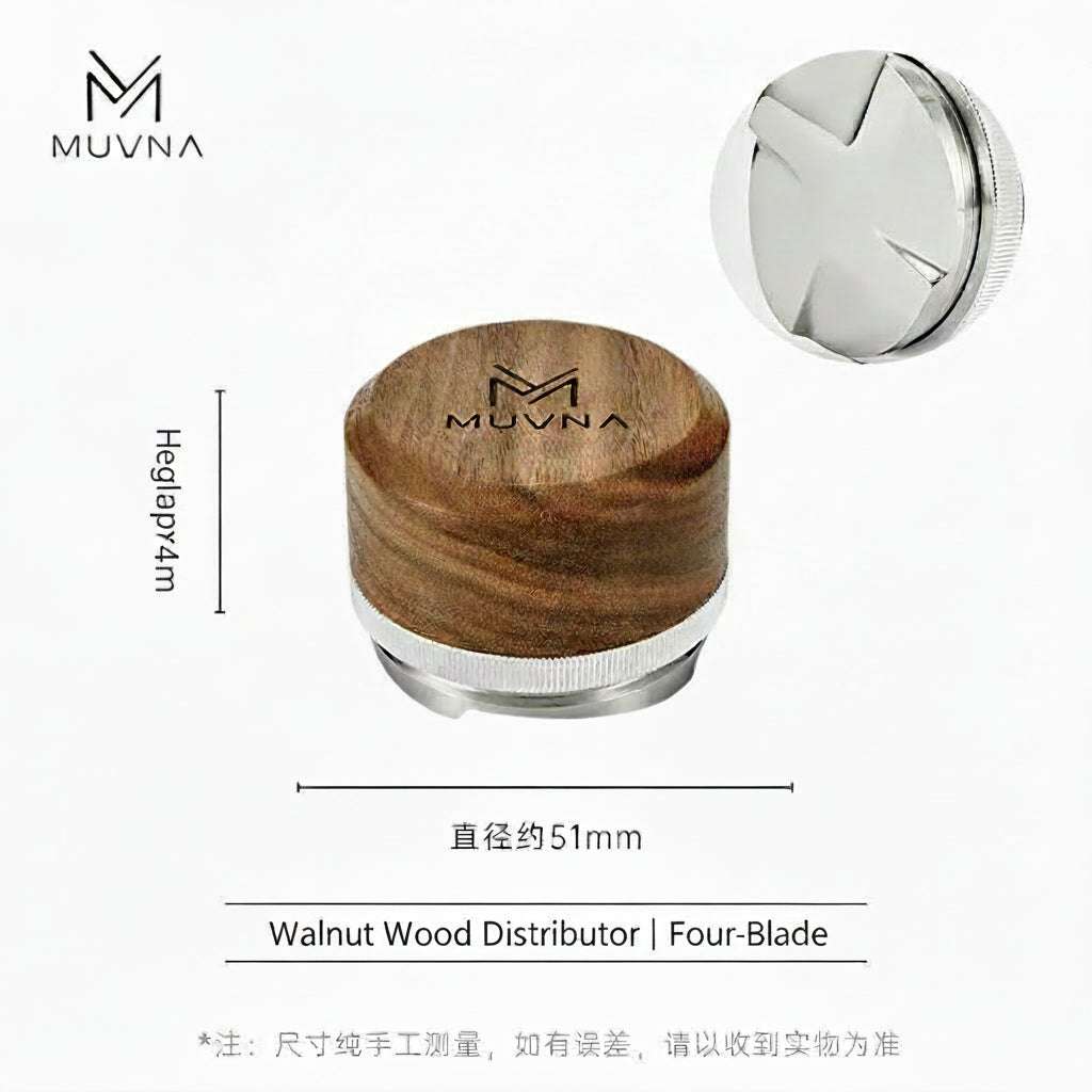 MUVNA walnut wood four-blade espresso distributor with stainless steel base