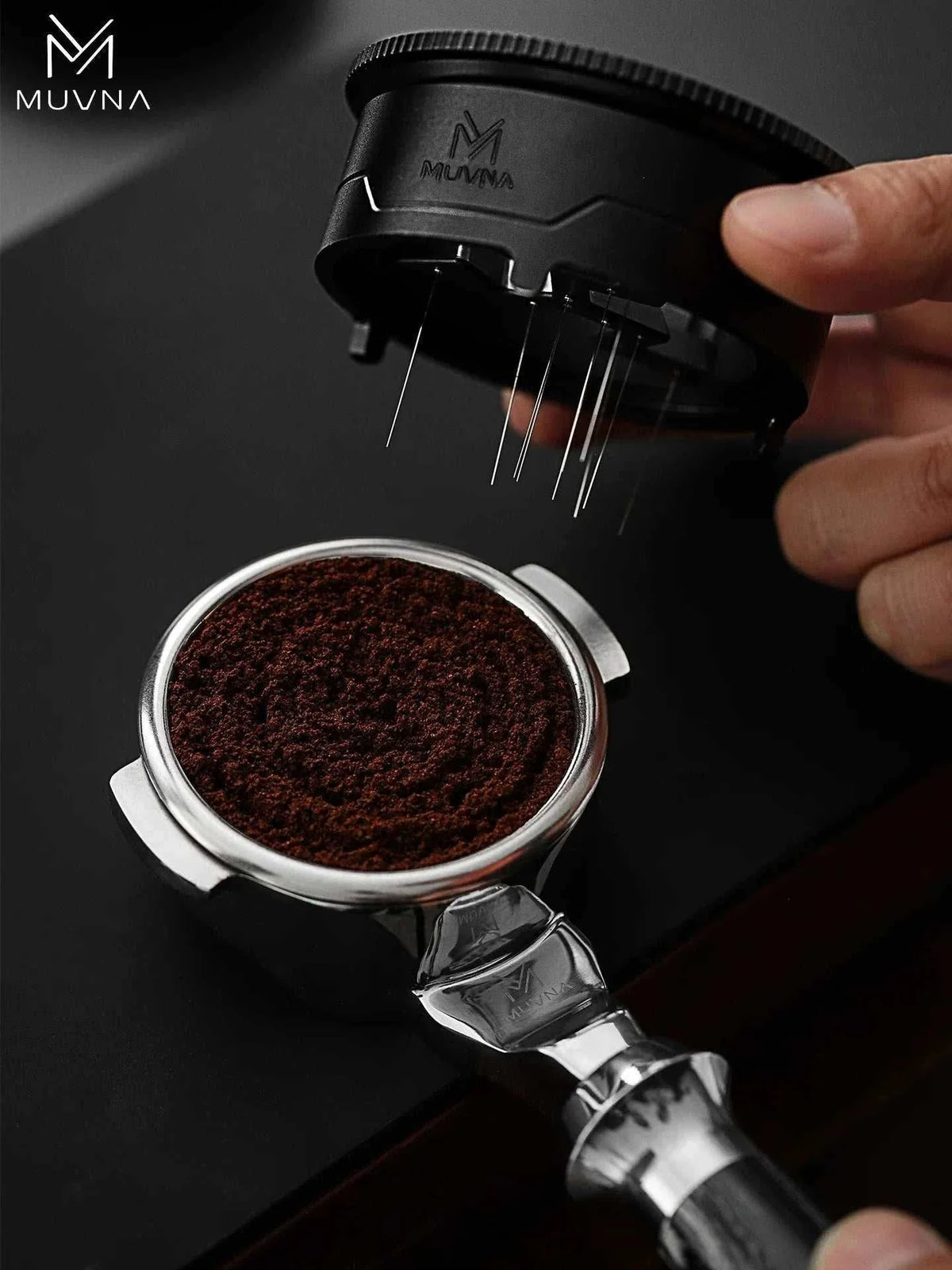 MUVNA Z10 58mm espresso needle distributor tool in black