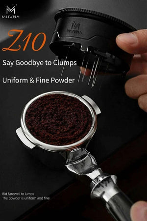 MUVNA Z10 58mm espresso needle distributor tool in midnight black with storage stand
