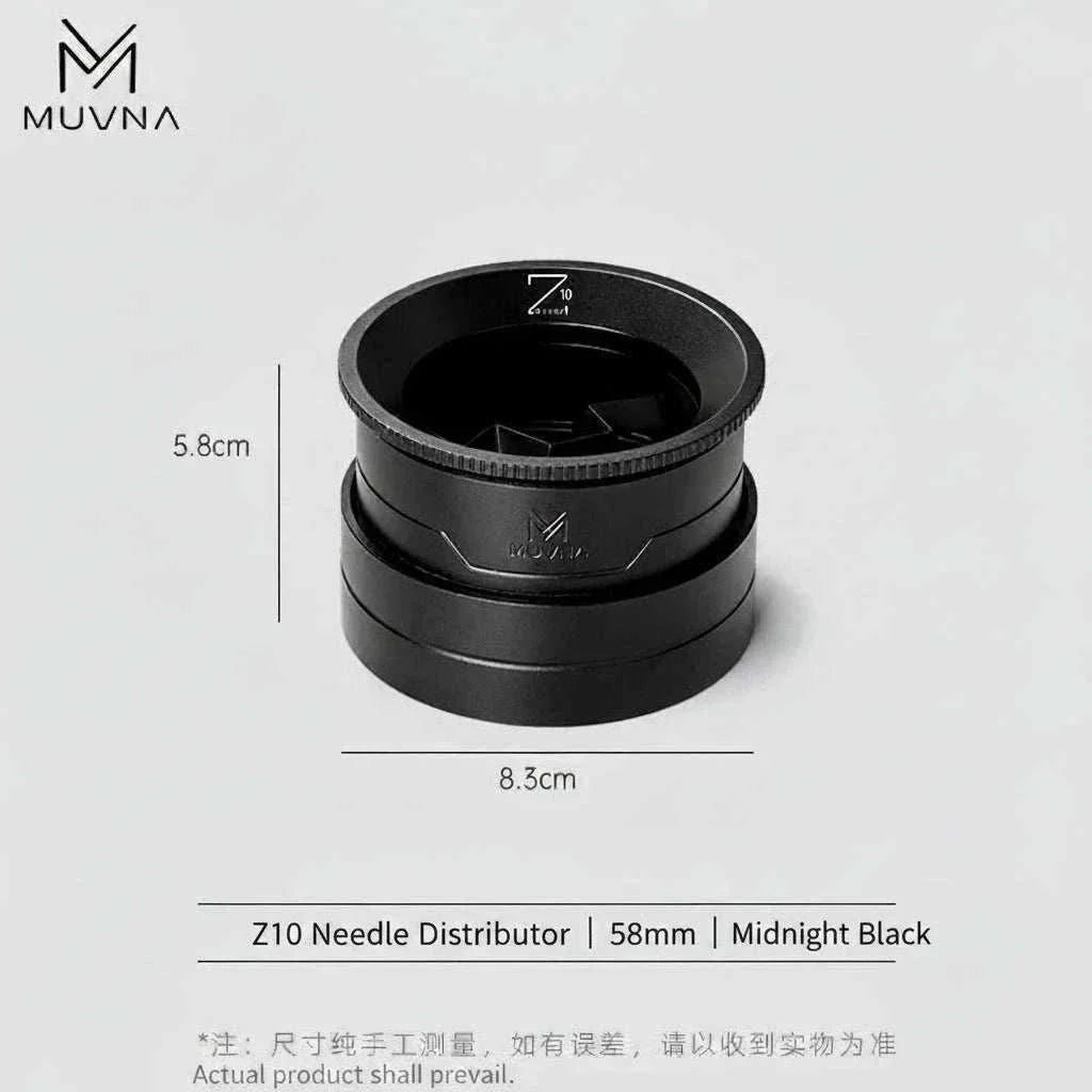 MUVNA Z10 58mm espresso needle distributor tool in midnight black with storage base