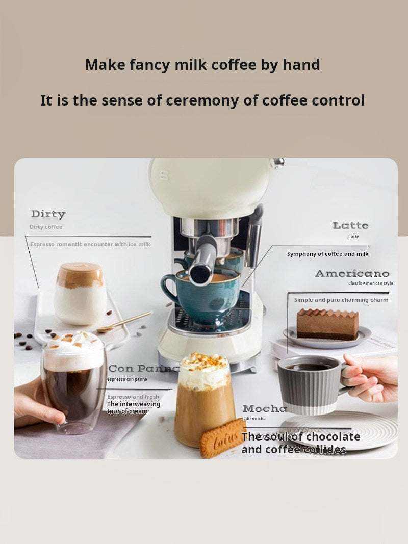 SMEG ECF01 manual espresso machine in Pastel Blue with chrome portafilter, three control knobs and stainless steel cup