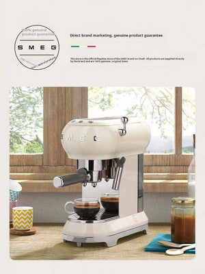 SMEG ECF01 manual espresso machine in Black showing brew head group, three temperature control knobs and removable drip tray
