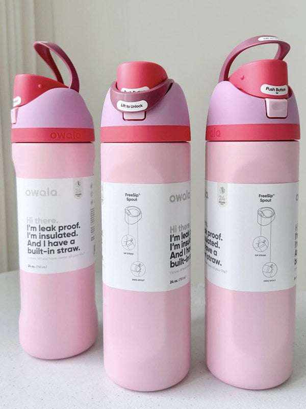 Pink Owala FreeSip insulated stainless steel water bottle with straw and leak-proof lid