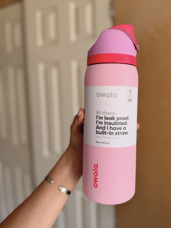 Owala FreeSip pink insulated water bottle with straw and leak-proof lid