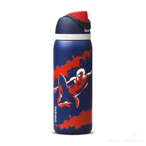 Owala FreeSip Water Bottle with Spider-Man design, insulated, featuring covered spout and carry loop for easy transport
