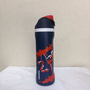 Owala FreeSip Spider-Man insulated water bottle with covered spout and carry loop, navy blue and black designs