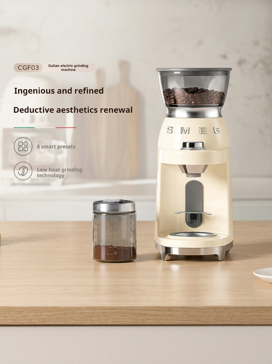 SMEG electric coffee grinder with conical steel burrs, front view